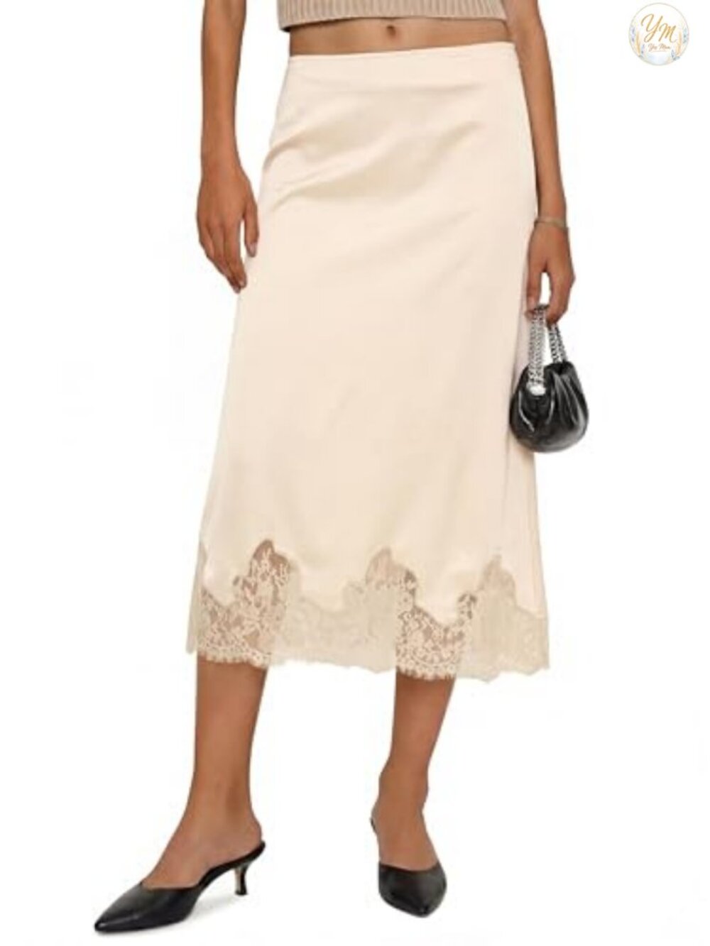 Silk Satin Midi Skirt Lace Hem High Waist A-Line Elegant